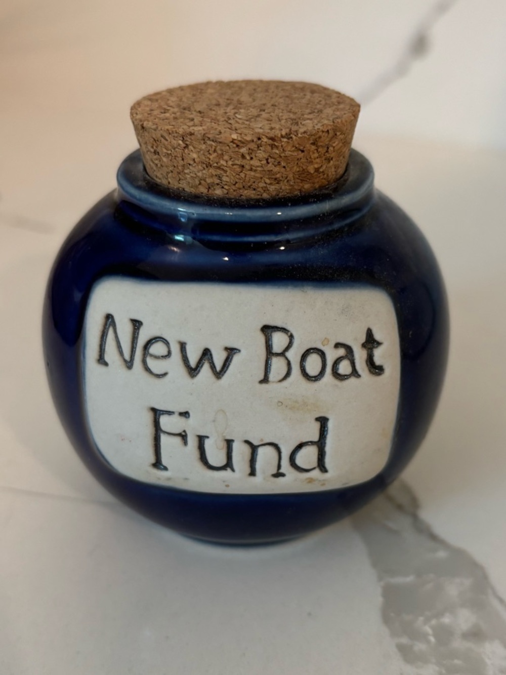 New Boat Fund Ceramic Jar with Cork Blue Magnetic Backing Coin Bank Novelty